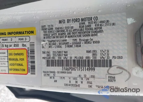 2015 Ford Fusion Se из США, поврежденный, VIN 1FA6P0H71F5114999